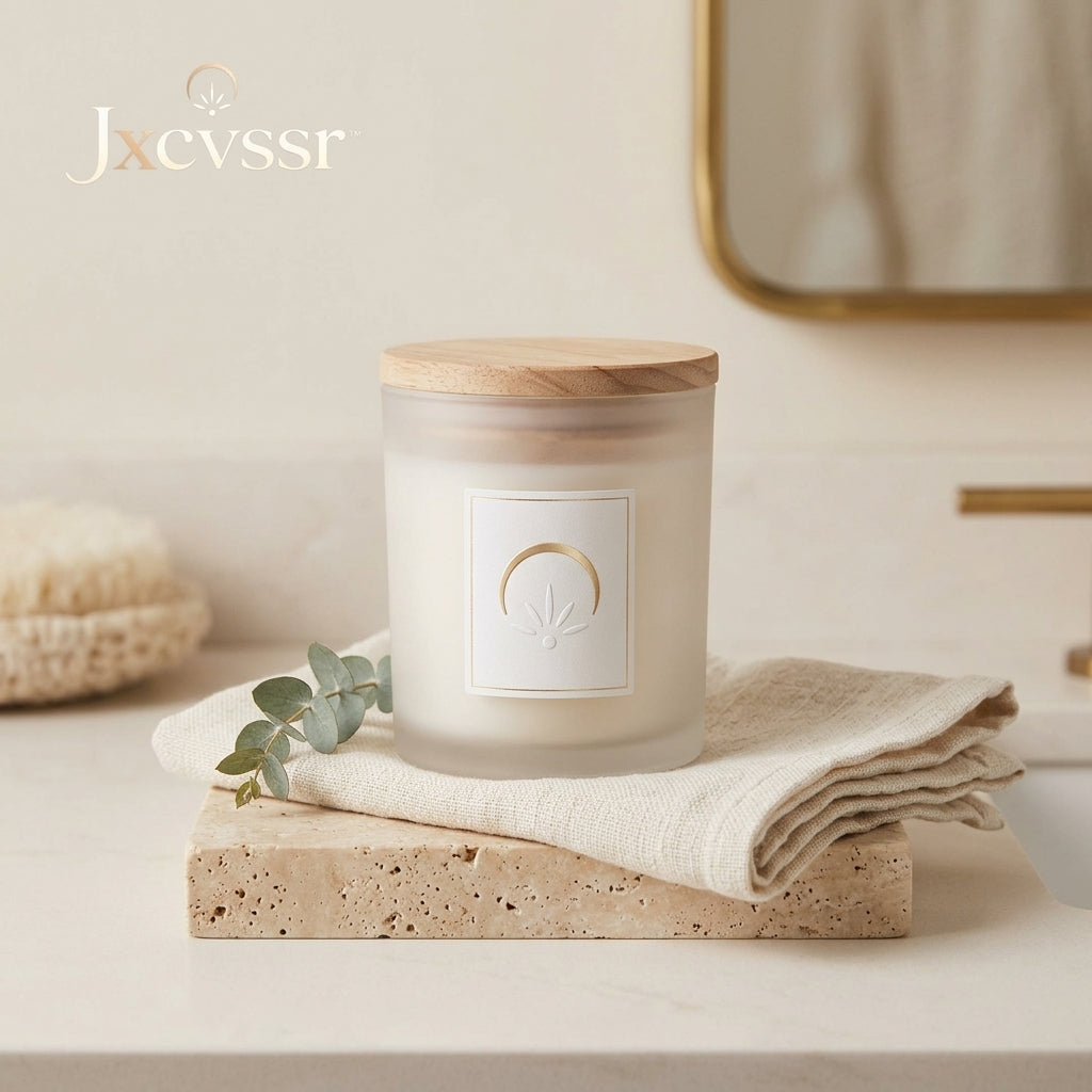 *Jxcvssr™ Minimalist Scented Candle with Wooden Lid, Frosted Glass Jar for Home, Bedroom & Bathroom Décor*