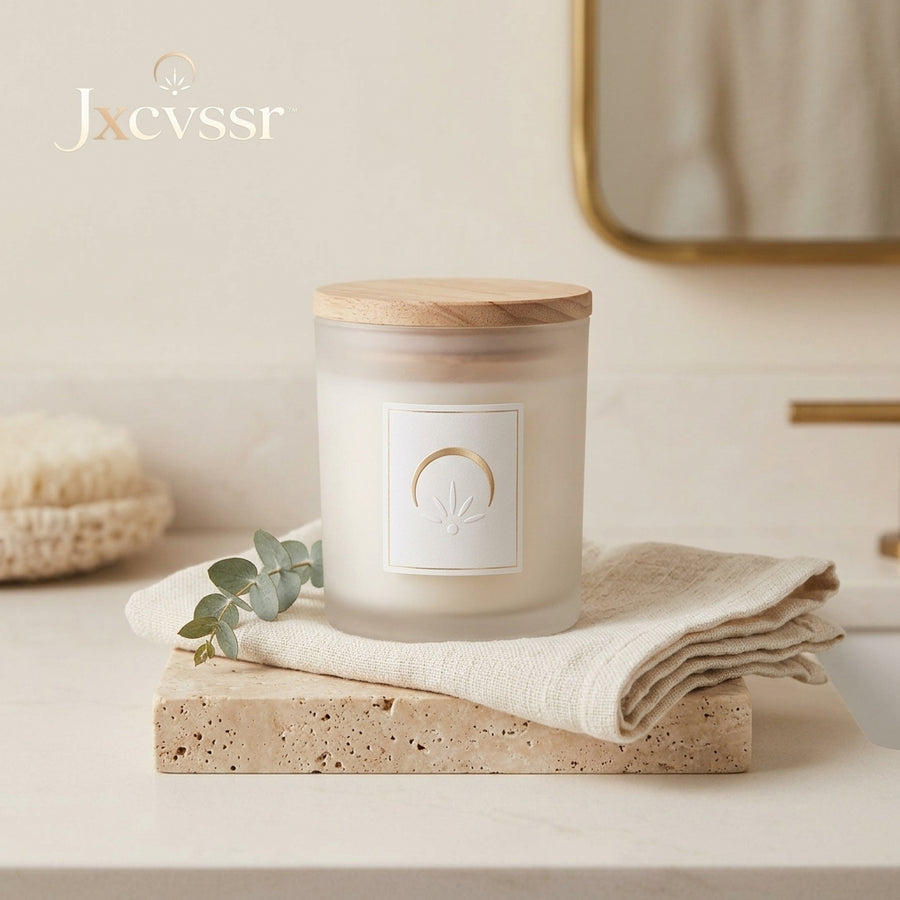 *Jxcvssr™ Minimalist Scented Candle with Wooden Lid, Frosted Glass Jar for Home, Bedroom & Bathroom Décor*