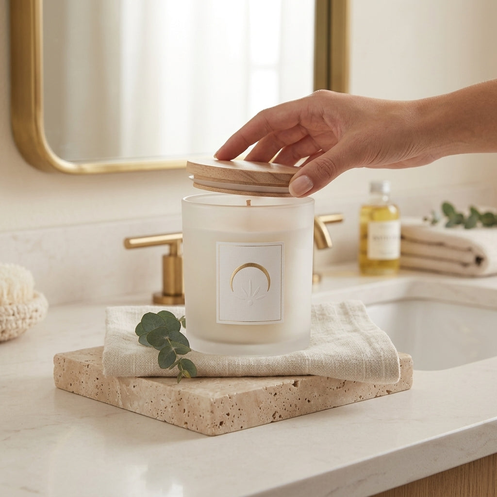 *Jxcvssr™ Minimalist Scented Candle with Wooden Lid, Frosted Glass Jar for Home, Bedroom & Bathroom Décor*