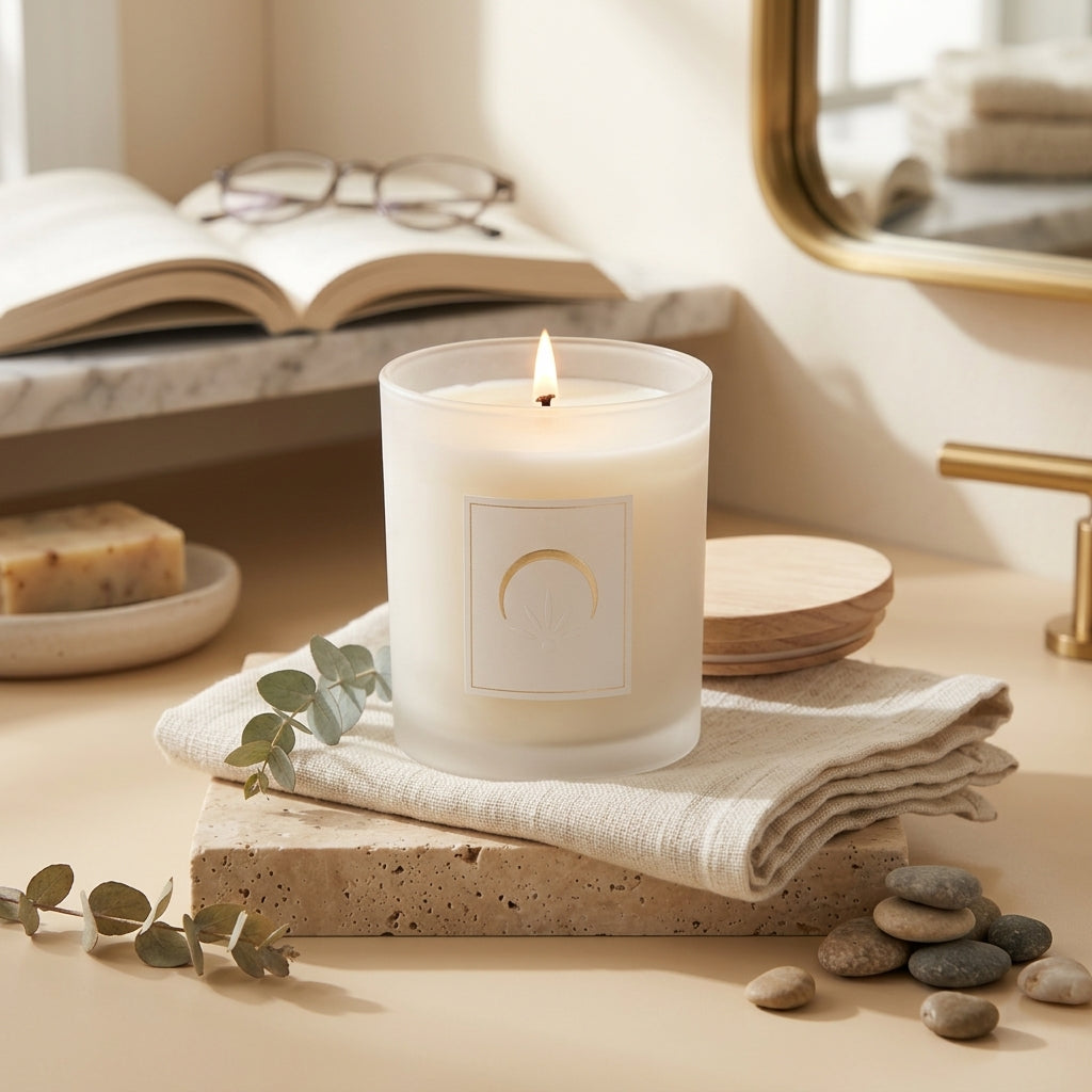 *Jxcvssr™ Minimalist Scented Candle with Wooden Lid, Frosted Glass Jar for Home, Bedroom & Bathroom Décor*