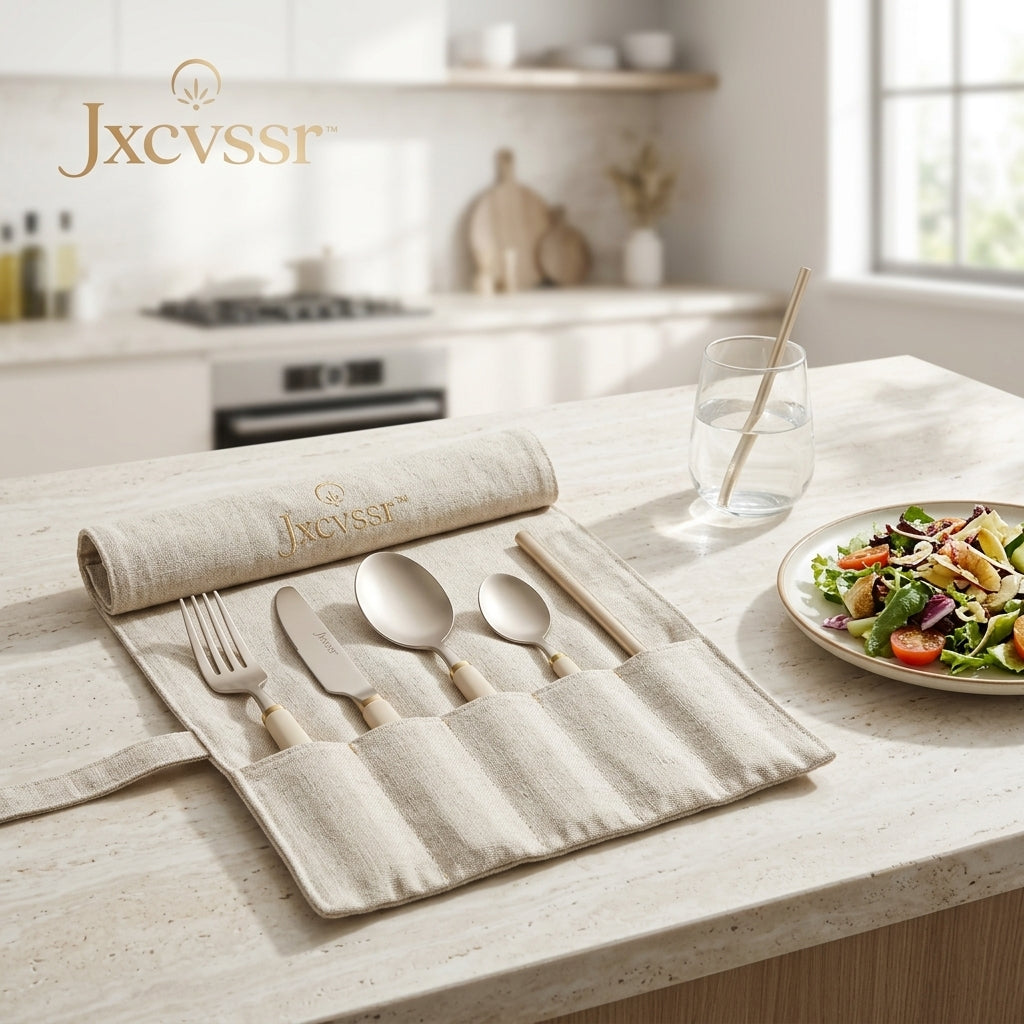 Jxcvssr™ 4-Piece Stainless Steel Flatware Set with Linen Roll-Up Carrying Pouch, Cream Handle Utensils for Home, Office, Travel & Dining