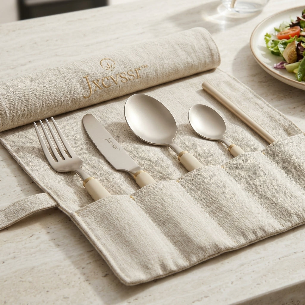 Jxcvssr™ 4-Piece Stainless Steel Flatware Set with Linen Roll-Up Carrying Pouch, Cream Handle Utensils for Home, Office, Travel & Dining