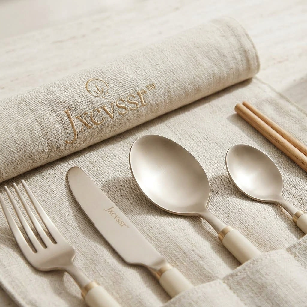 Jxcvssr™ 4-Piece Stainless Steel Flatware Set with Linen Roll-Up Carrying Pouch, Cream Handle Utensils for Home, Office, Travel & Dining