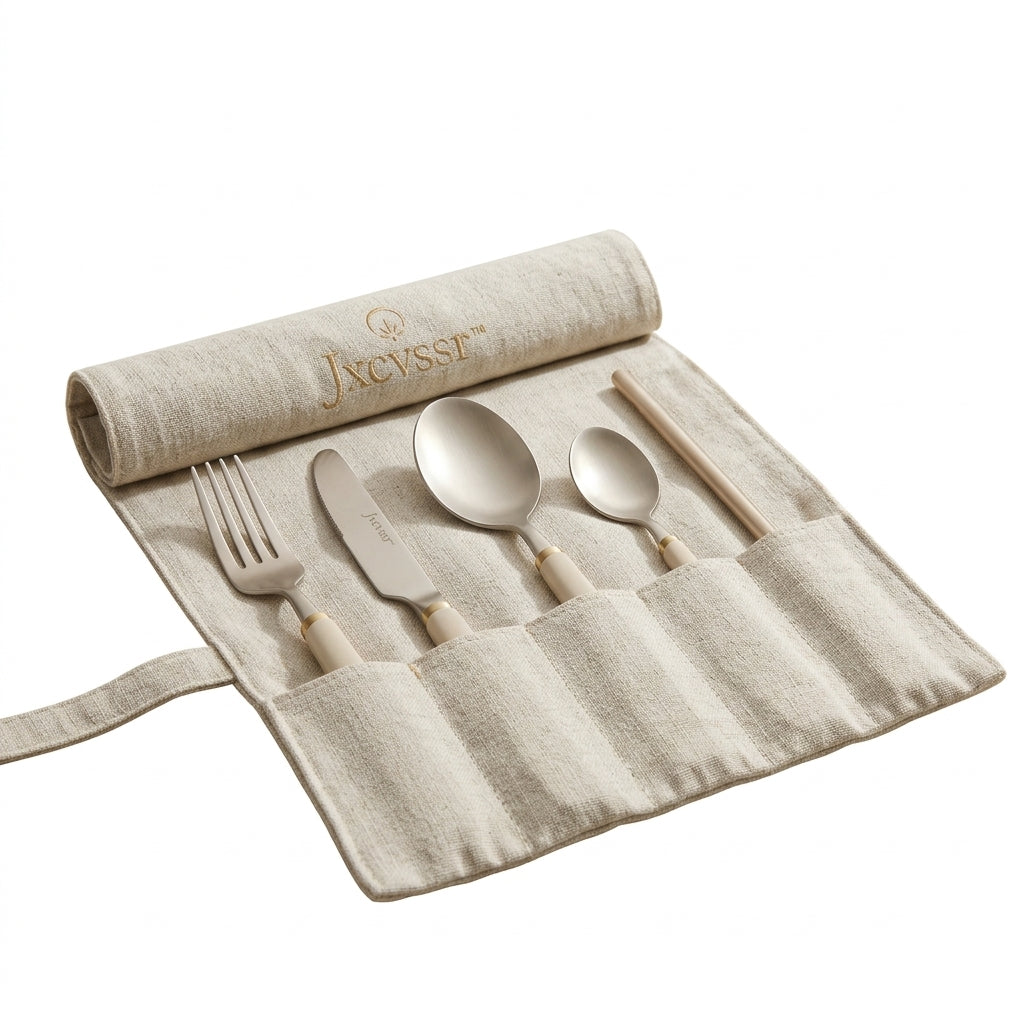 Jxcvssr™ 4-Piece Stainless Steel Flatware Set with Linen Roll-Up Carrying Pouch, Cream Handle Utensils for Home, Office, Travel & Dining