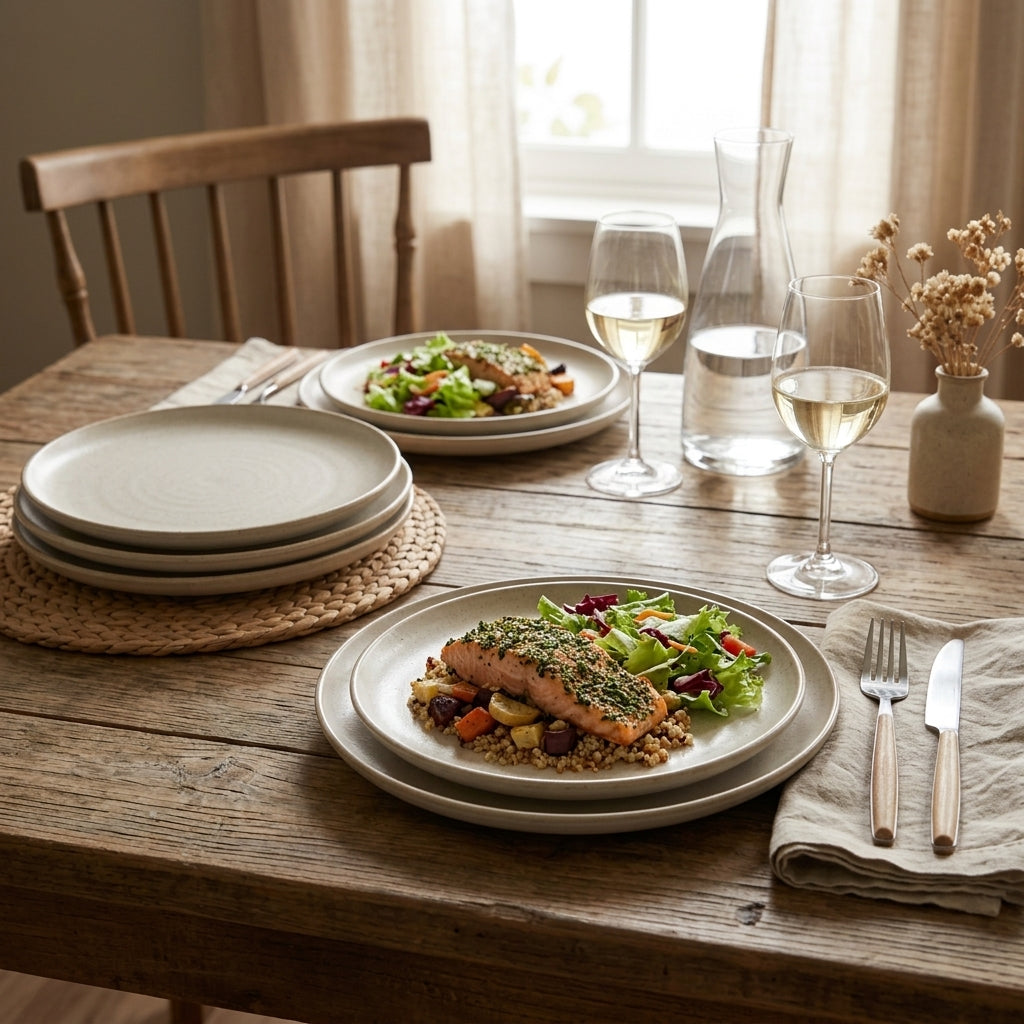 *Jxcvssr™ Neutral Stoneware Dinner Plates, Round Ceramic Plates with Handcrafted Texture for Everyday Dining*