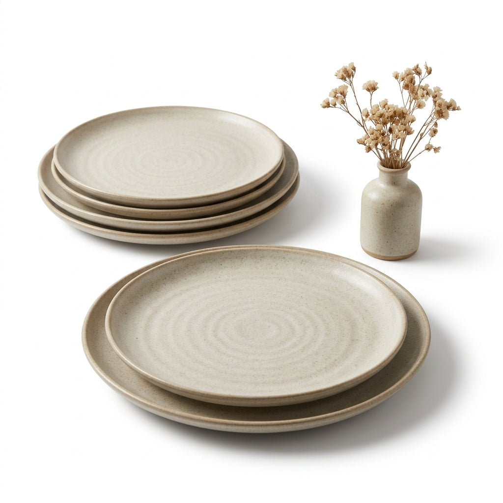 *Jxcvssr™ Neutral Stoneware Dinner Plates, Round Ceramic Plates with Handcrafted Texture for Everyday Dining*