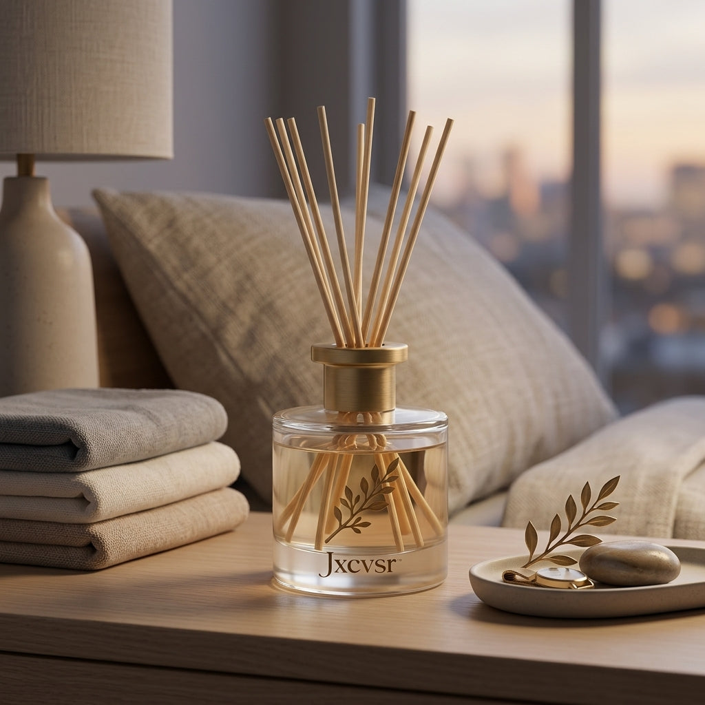 Jxcvssr™ Elegant Glass Reed Diffuser with Natural Reeds, Decorative Home Fragrance for Bedroom, Bathroom, Living Room, and Office
