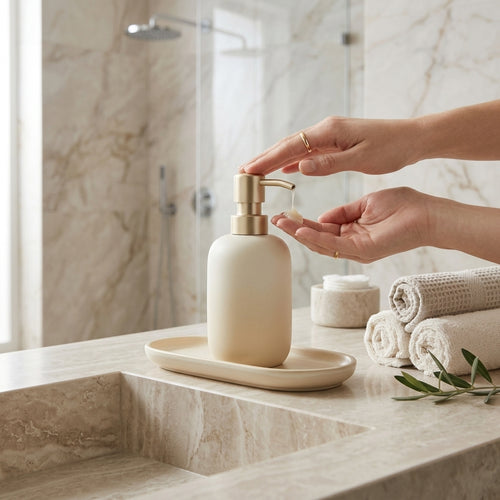 *Jxcvssr™ Matte Ceramic Soap Dispenser with Brushed Gold Pump for Bathroom and Kitchen Countertops*