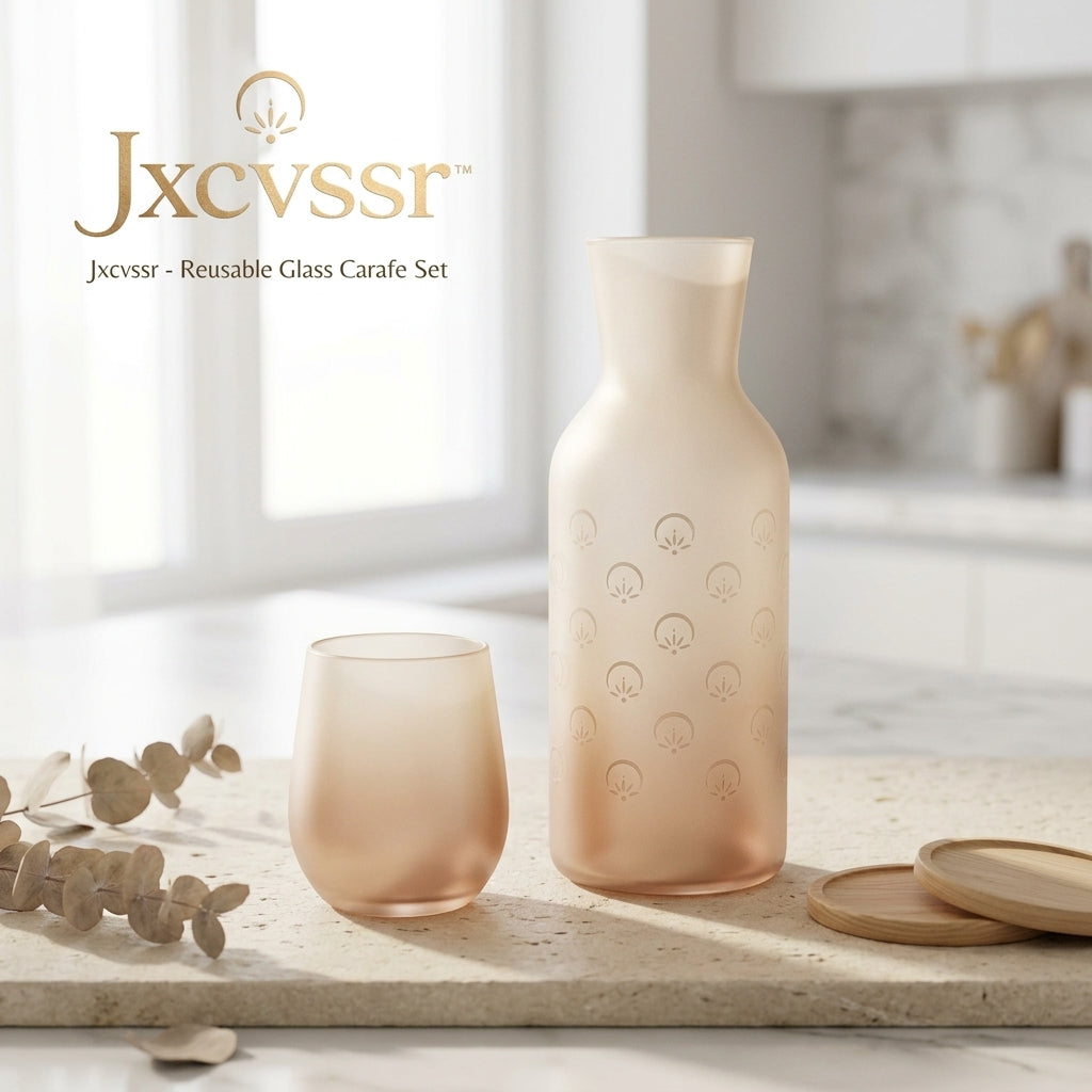 *Jxcvssr™ Reusable Frosted Glass Carafe and Tumbler Set, Minimalist Water Pitcher with Matching Drinking Glass for Home, Bedroom, Office and Dining Table*