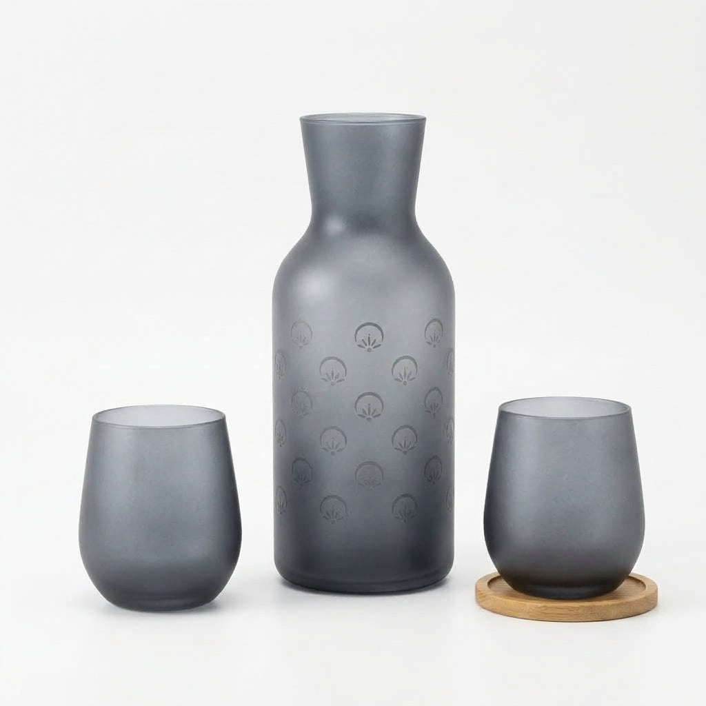 *Jxcvssr™ Reusable Frosted Glass Carafe and Tumbler Set, Minimalist Water Pitcher with Matching Drinking Glass for Home, Bedroom, Office and Dining Table*